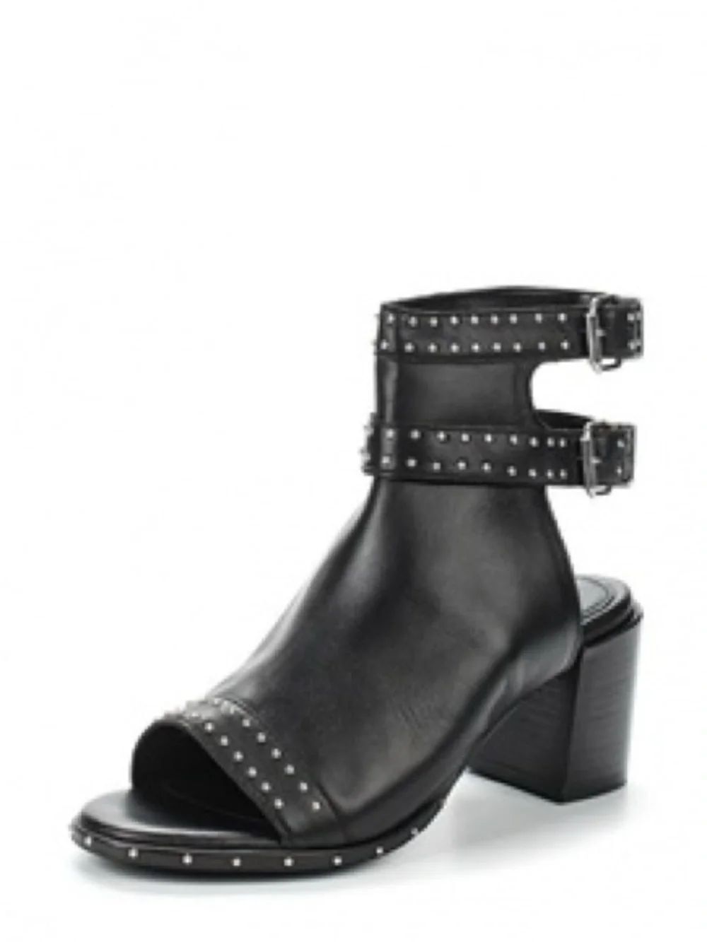 Topshop Size 38 Studded Black Leather Open-Toe Ankle Sandal boots chunky heel